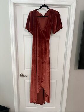 Baltic Born Rust Velvet High-Low Wrap Dress